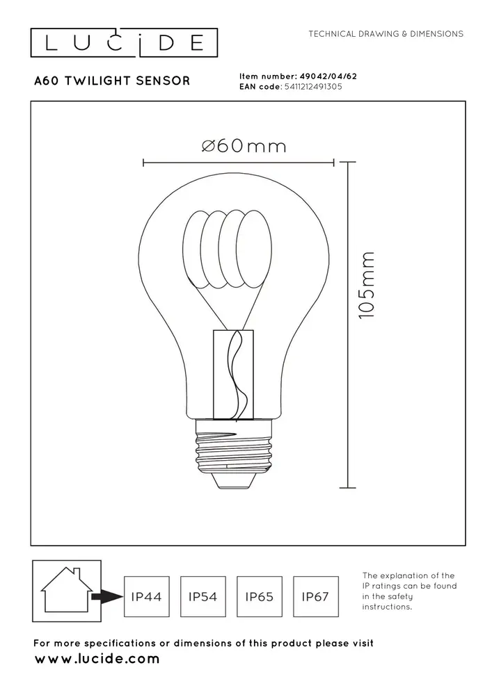 Lucide A60 TWILIGHT SENSOR - Filament lamp - Ø 6 cm - LED - E27 - 1x4W 2200K - Dag/nacht sensor - Amber