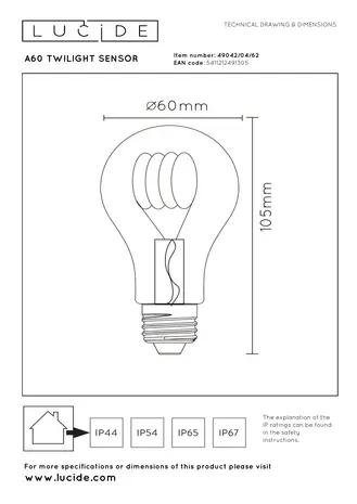 Lucide A60 TWILIGHT SENSOR - Filament lamp - Ø 6 cm - LED - E27 - 1x4W 2200K - Dag/nacht sensor - Amber