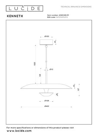 Lucide KENNETH - Hanglamp - Ø 40 cm - LED Dimb. - 1x12W 2700K - Wit | Premium
