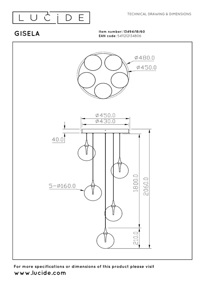 Lucide GISELA - Hanglamp - Ø 48 cm - LED Dimb. - 5x3,8W 2700K - Transparant | Premium