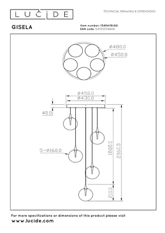Lucide GISELA - Hanglamp - Ø 48 cm - LED Dimb. - 5x3,8W 2700K - Transparant | Premium
