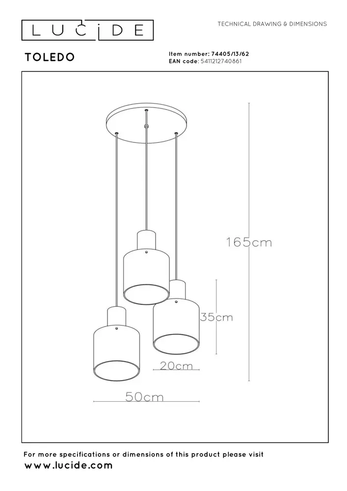 Lucide TOLEDO - Hanglamp - 3xE27 - Amber