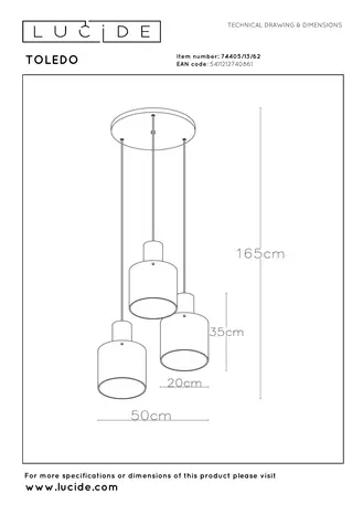 Lucide TOLEDO - Hanglamp - 3xE27 - Amber