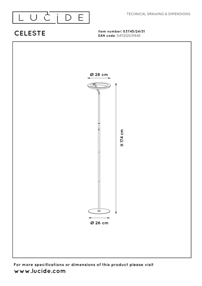 Lucide CELESTE - Vloerlamp - Ø 28 cm - LED Dimb. - 1x21W 2700K - Wit