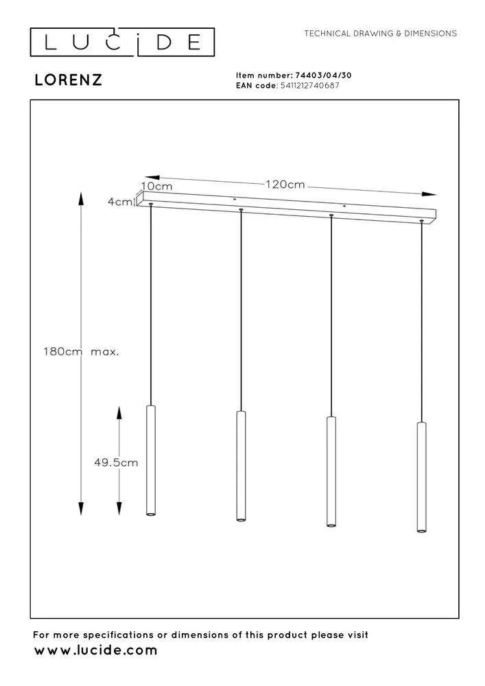 Lucide LORENZ - Hanglamp - LED Dimb. - 4x4W 3000K - Zwart