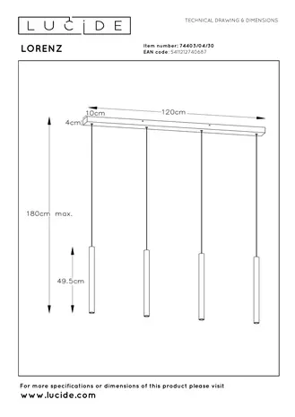 Lucide LORENZ - Hanglamp - LED Dimb. - 4x4W 3000K - Zwart