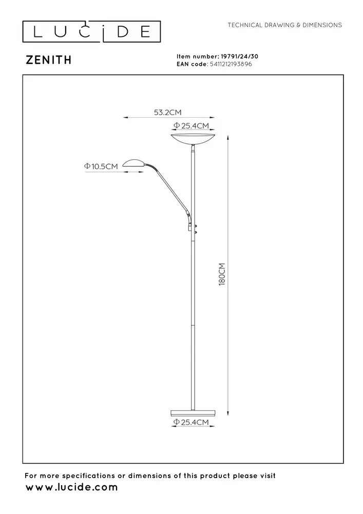 Lucide ZENITH - Leeslamp - LED Dimb. - 3000K - Mat Goud / Messing Lucide ZENITH - Leeslamp - LED Dimb. - 3000K - Mat Goud / Messing