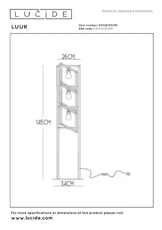 Lucide LUUK - Vloerlamp - 3xE27 - Zwart
