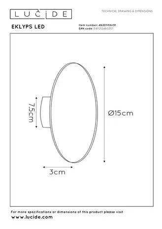 Lucide EKLYPS LED - Wandlamp - Ø 15 cm - LED - 1x7W 3000K - Wit