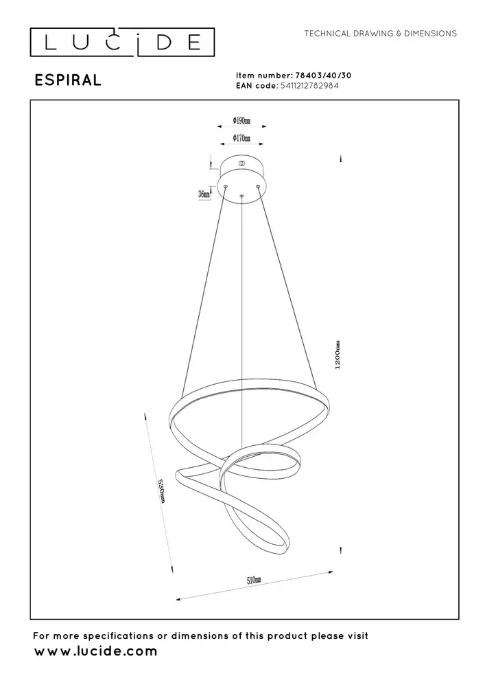 Lucide ESPIRAL - Hanglamp - LED Dimb. - CCT - 1x40W 2700K/4000K - Zwart | Essential