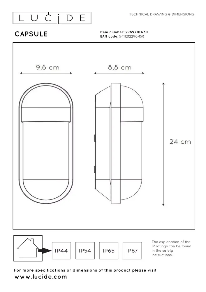 Lucide CAPSULE - Wandlamp Binnen/Buiten - 1xE27 - IP54 - Zwart