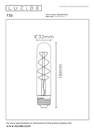 Lucide T32 - Filament lamp - Ø 3 cm - LED Dimb. - E27 - 1x4,9W 2200K - Amber