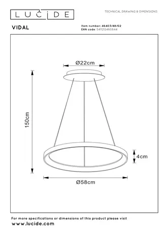Lucide VIDAL - Hanglamp - Ø 58 cm - LED Dimb. - 1x48W 2700K - Mat Goud / Messing