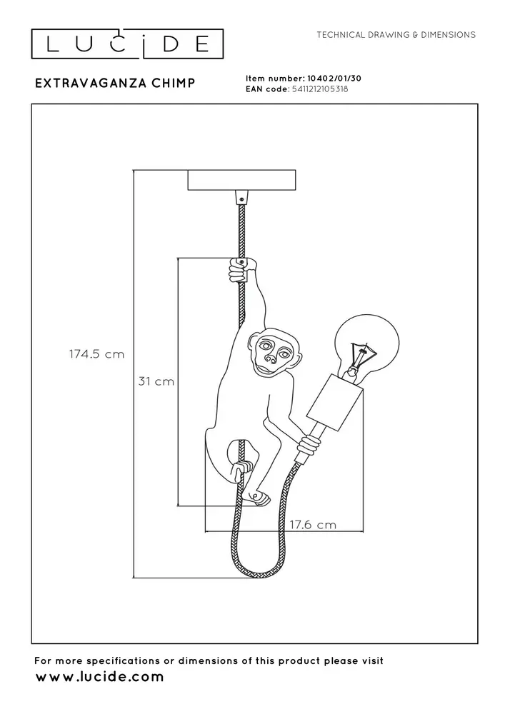 Lucide EXTRAVAGANZA CHIMP - Hanglamp - Ø 17,6 cm - 1xE27 - Zwart