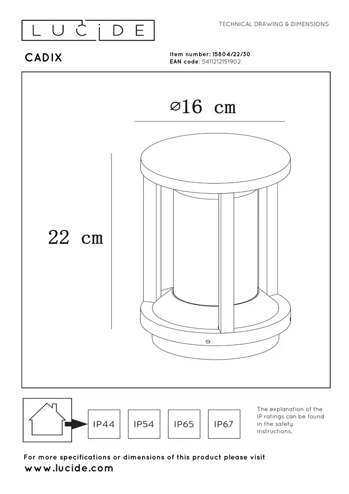 Lucide CADIX - Sokkellamp - Ø 16 cm - 1xE27 - IP65 - Zwart