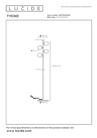 Lucide TYCHO - Vloerlamp - 4xG9 - Mat Goud / Messing