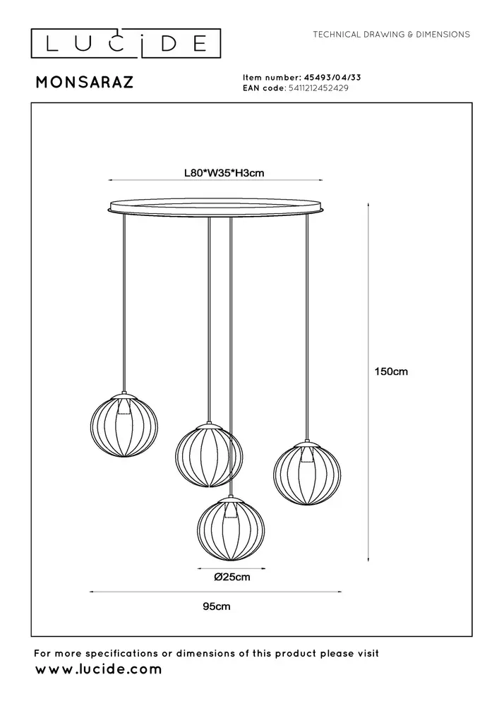 Lucide MONSARAZ - Hanglamp - 4xE27 - Groen