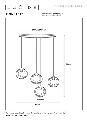 Lucide MONSARAZ - Hanglamp - 4xE27 - Groen