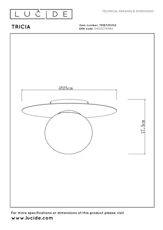 Lucide TRICIA - Plafonnière - Ø 25 cm - 1xE27 - Mat Goud / Messing
