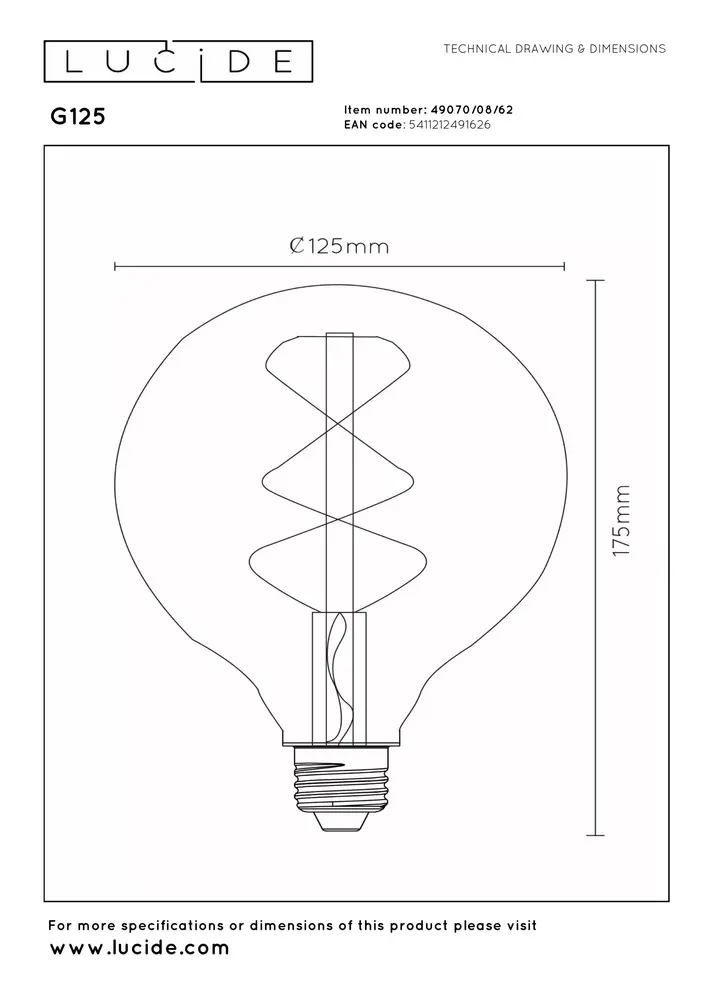 Lucide G125 - Filament lamp - Ø 12,5 cm - LED Dimb. - E27 - 1x8W 2700K - Amber