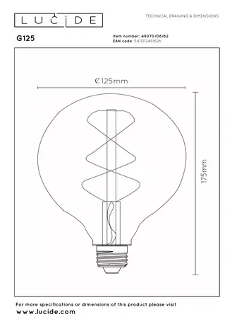 Lucide G125 - Filament lamp - Ø 12,5 cm - LED Dimb. - E27 - 1x8W 2700K - Amber