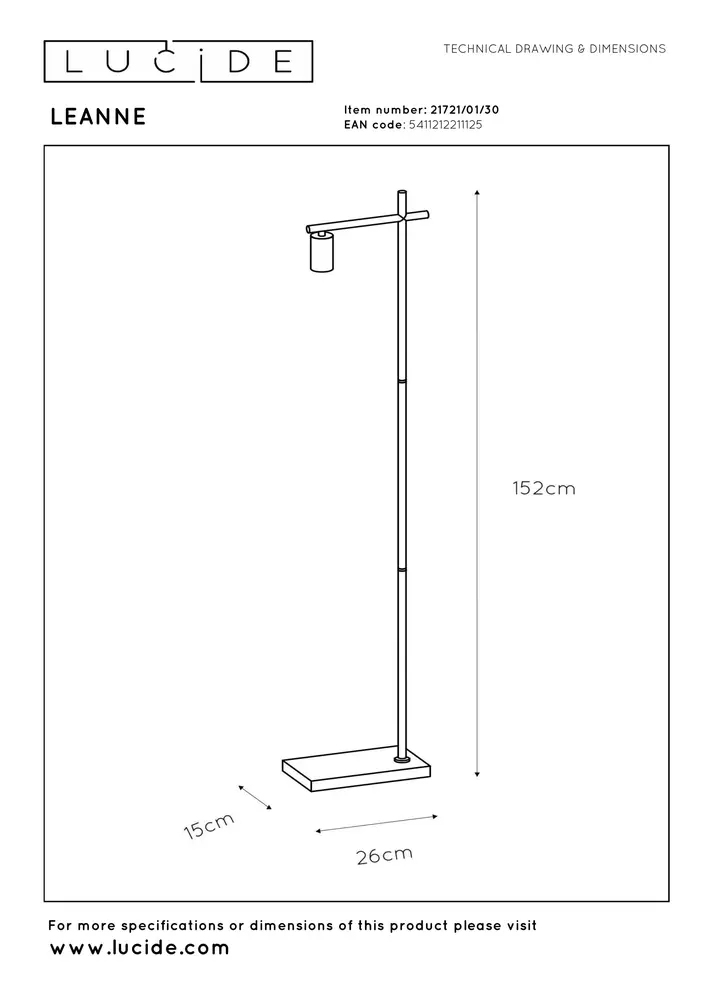 Lucide LEANNE - Vloerlamp - 1xE27 - Zwart