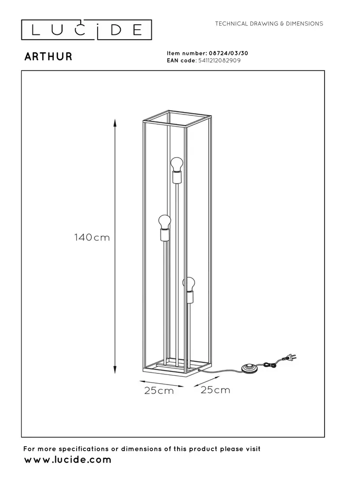 Lucide ARTHUR - Vloerlamp - 3xE27 - Zwart