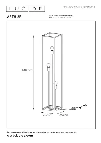 Lucide ARTHUR - Vloerlamp - 3xE27 - Zwart