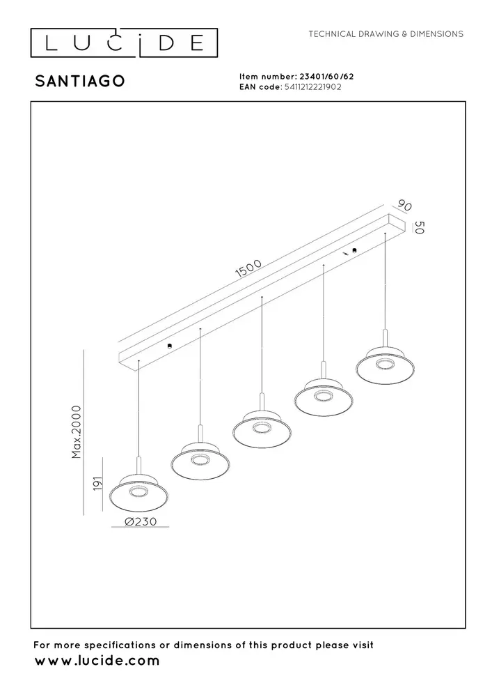 Lucide SANTIAGO - Hanglamp - LED Dimb. - CCT - 5x10W 2700K/4000K - Amber | Premium