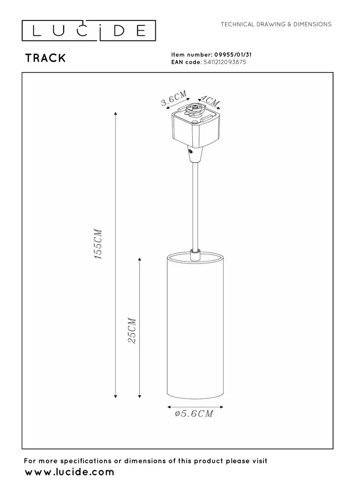 Lucide TRACK FLORIS Hanglamp - 1-fase Railsysteem / Railverlichting - 1xGU10 - Wit (Uitbreiding)