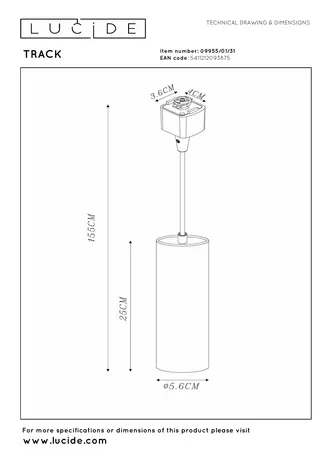 Lucide TRACK FLORIS Hanglamp - 1-fase Railsysteem / Railverlichting - 1xGU10 - Wit (Uitbreiding)
