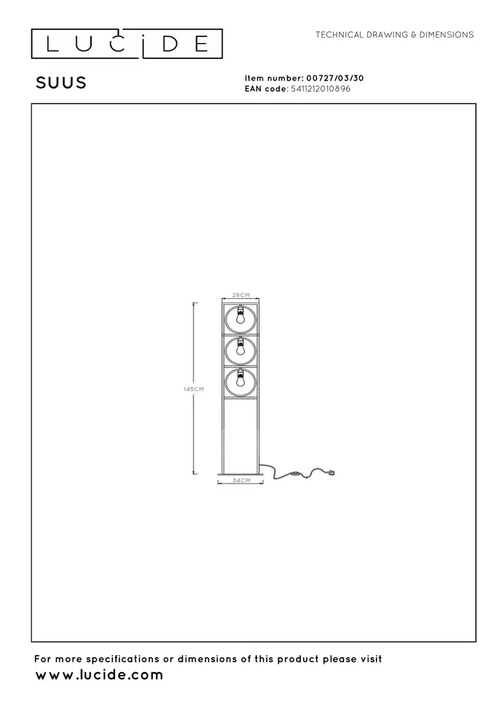 Lucide SUUS - Vloerlamp - 3xE27 - Zwart