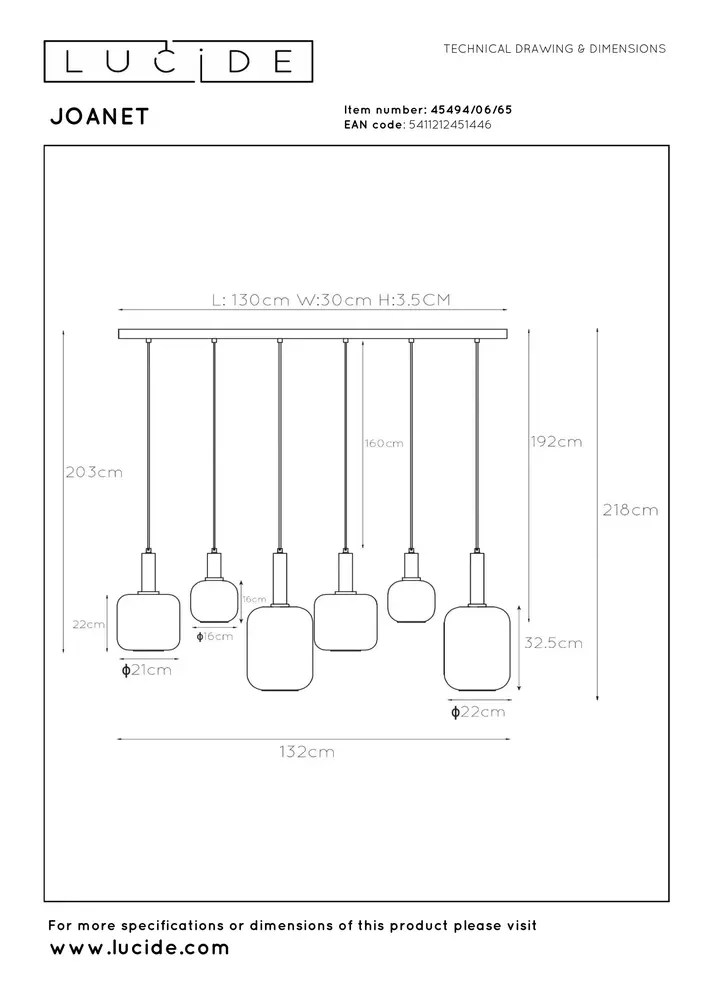 Lucide JOANET - Hanglamp - 6xE27 - Fumé