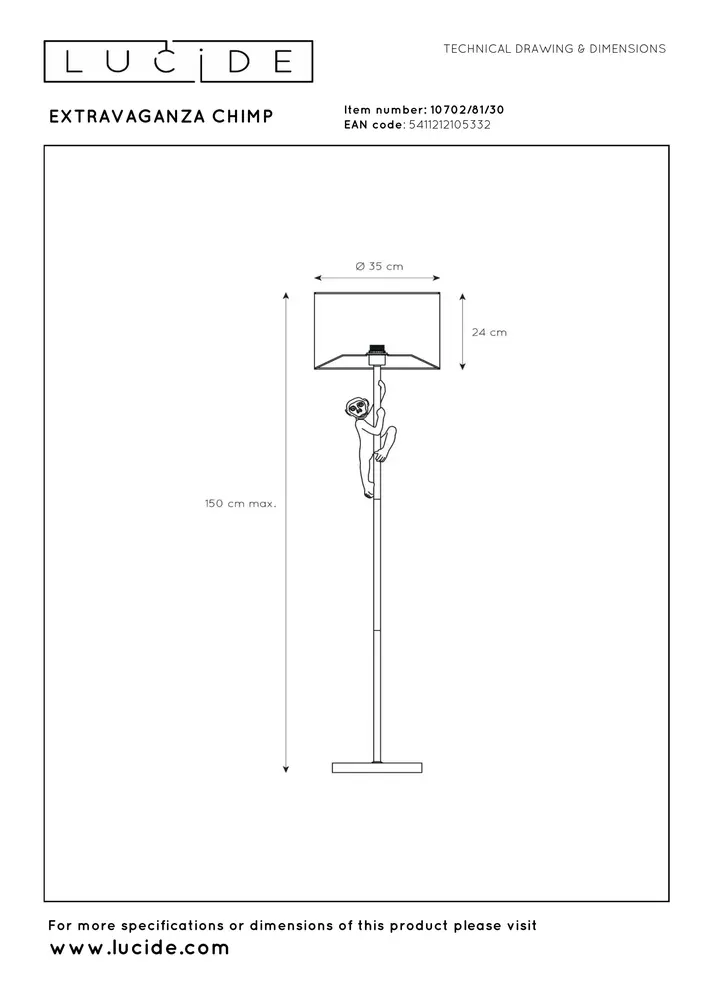 Lucide EXTRAVAGANZA CHIMP - Vloerlamp - Ø 35 cm - 1xE27 - Zwart