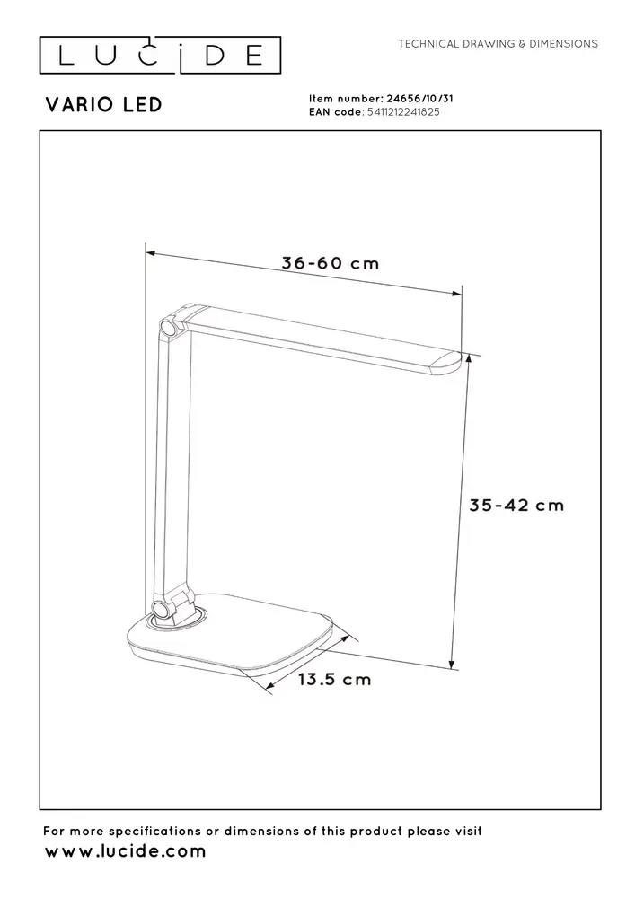 Lucide VARIO LED - Bureaulamp - LED Dimb. - CCT - 1x8W 2700K/6500K - Wit