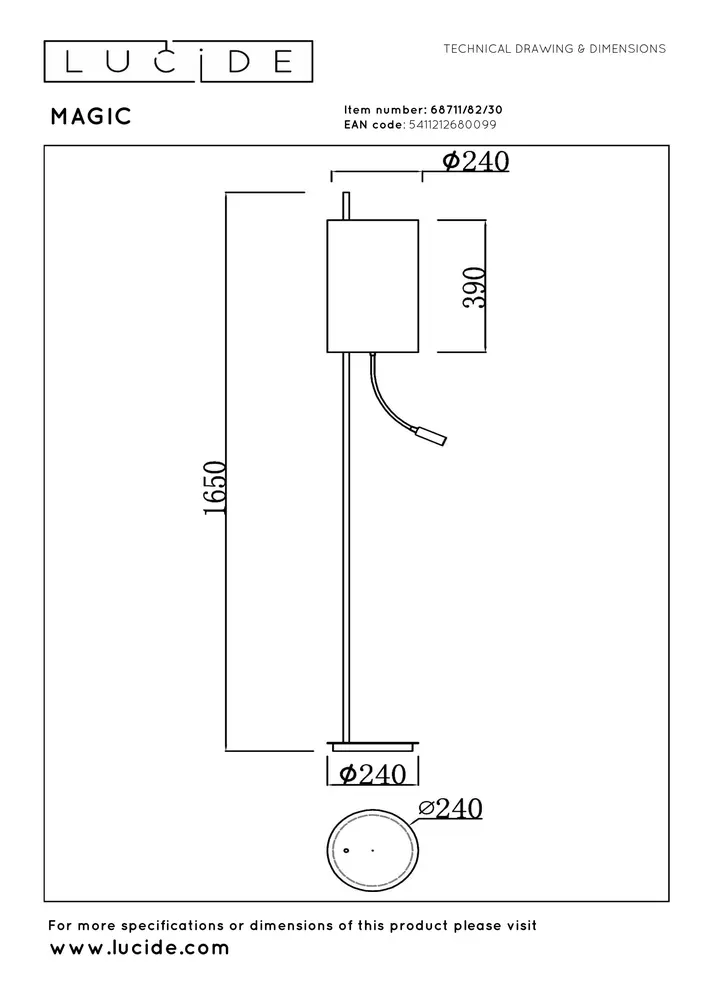 Lucide MAGIC - Vloerlamp - Ø 24 cm - 1xE27 - Zwart