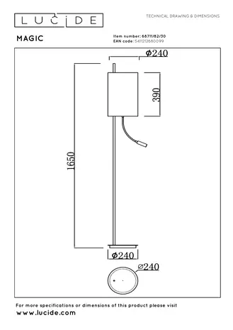 Lucide MAGIC - Vloerlamp - Ø 24 cm - 1xE27 - Zwart