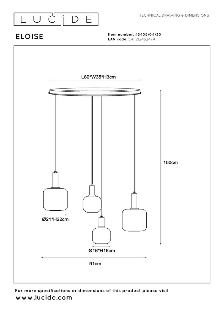 Lucide ELOISE - Hanglamp - 4xE27 - Zwart