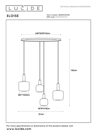 Lucide ELOISE - Hanglamp - 4xE27 - Zwart