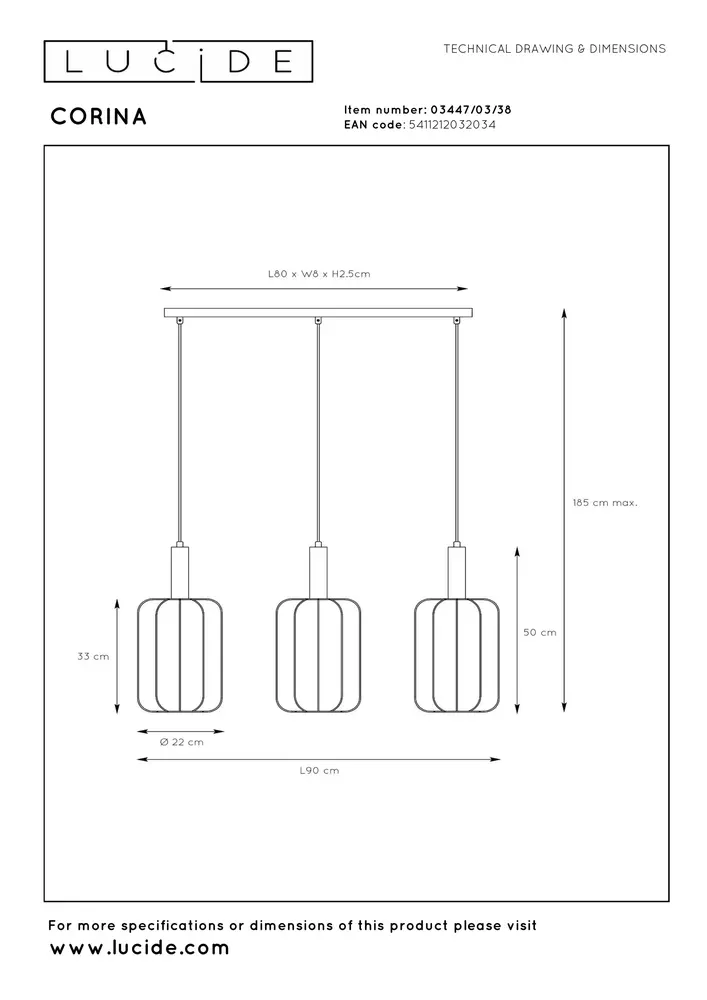 Lucide CORINA - Hanglamp - 3xE27 - Beige