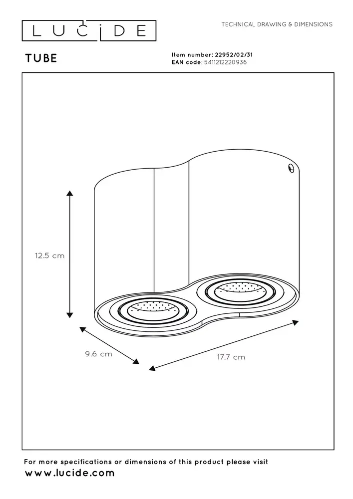 Lucide TUBE - Plafondspot - 2xGU10 - Wit