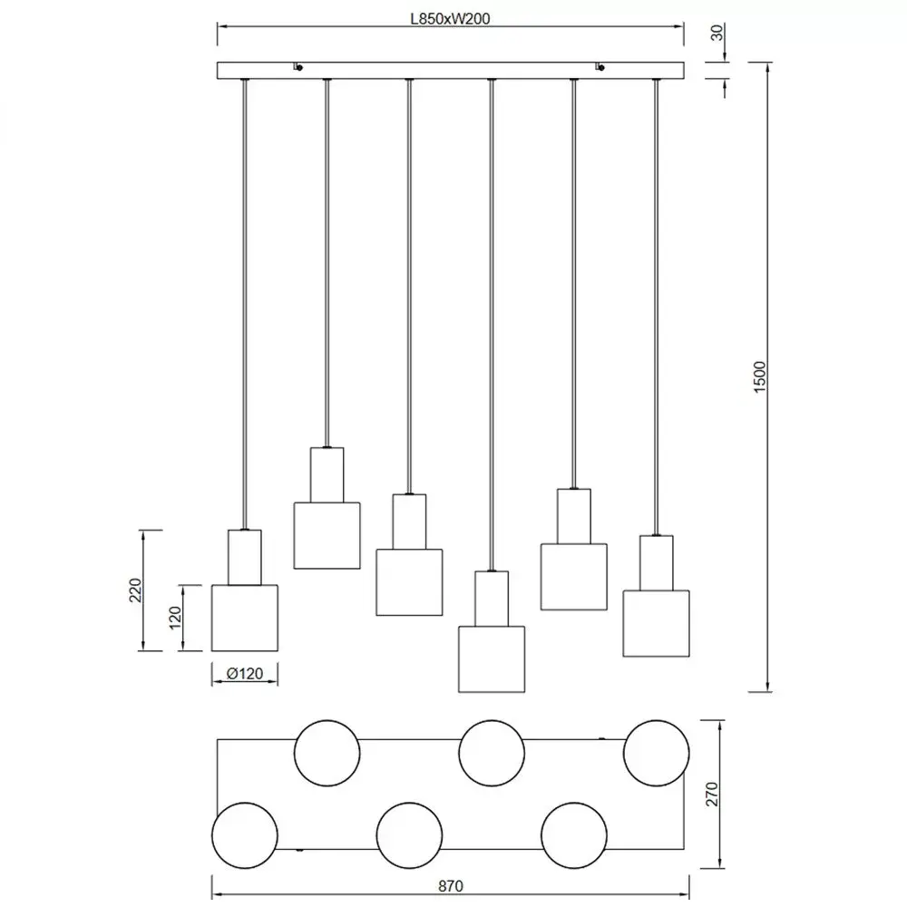 Trio Leuchten Hanglamp Agudo 6 lichts L 85 cm zwart