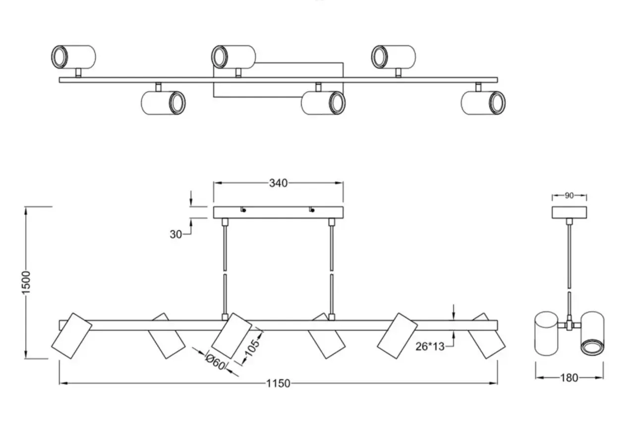Trio Leuchten Hanglamp Marley 6 lichts L 115 cm zwart