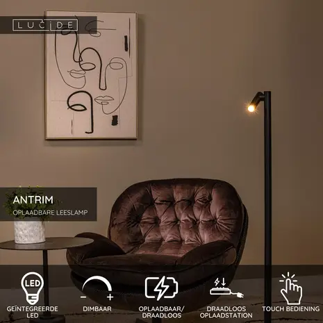 Lucide ANTRIM - Oplaadbare Leeslamp Binnen/Buiten - Accu/Batterij - LED Dimb. - 1x2,2W 2700K - IP54 - Met draadloos oplaadstation - Zwart