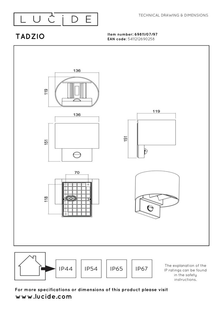 Lucide TADZIO - Wandlamp Binnen/Buiten - LED - CCT - 1x7W 2700K/4000K - IP65 - Bewegingssensor - Roest bruin - Essential