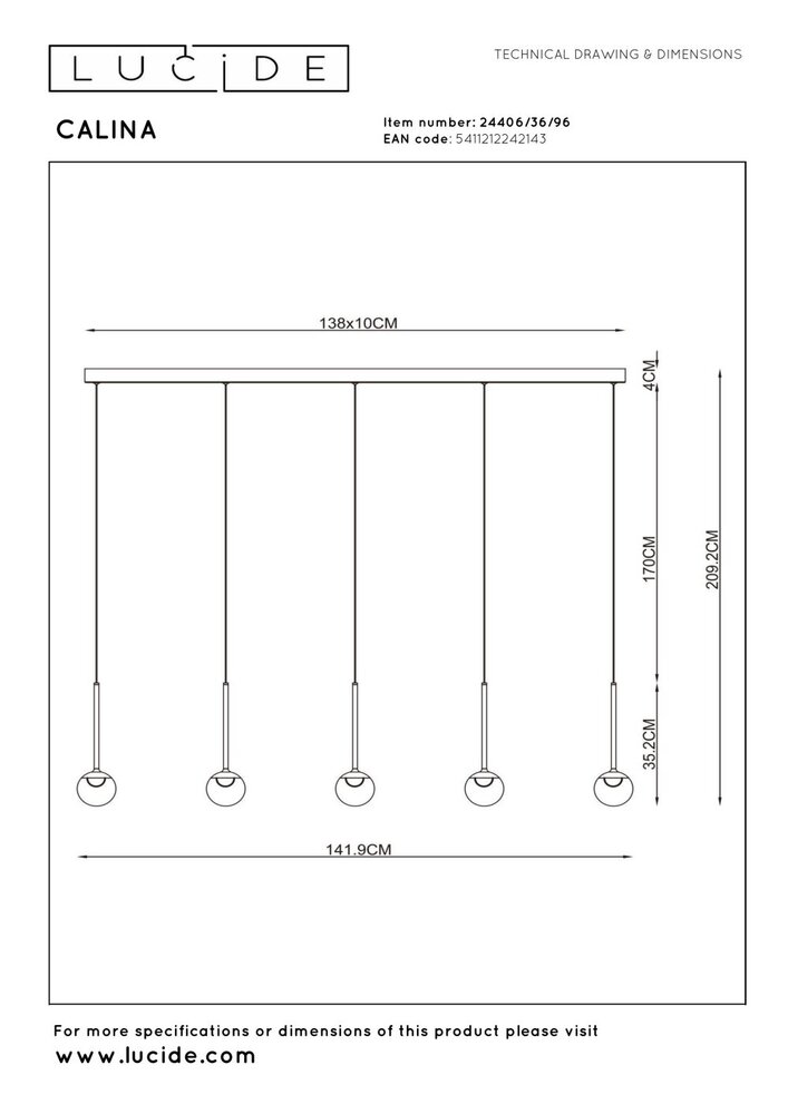 Lucide CALINA - Hanglamp - LED Dimb. - CCT - 5x8,2W 2200K/3300K - Met vervangbare LED-module - Koffie | Premium