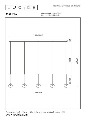 Lucide CALINA - Hanglamp - LED Dimb. - CCT - 5x8,2W 2200K/3300K - Met vervangbare LED-module - Koffie | Premium