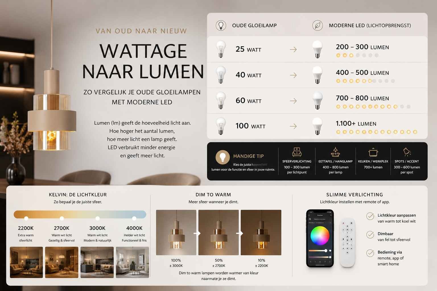 Wat betekenen lumen, kelvin en dim to warm bij verlichting