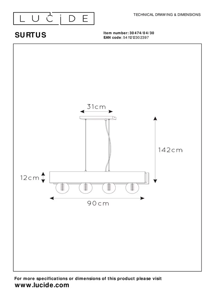 Lucide SURTUS - Hanglamp - 4xE27 - Zwart Lucide SURTUS - Hanglamp - 4xE27 - Zwart