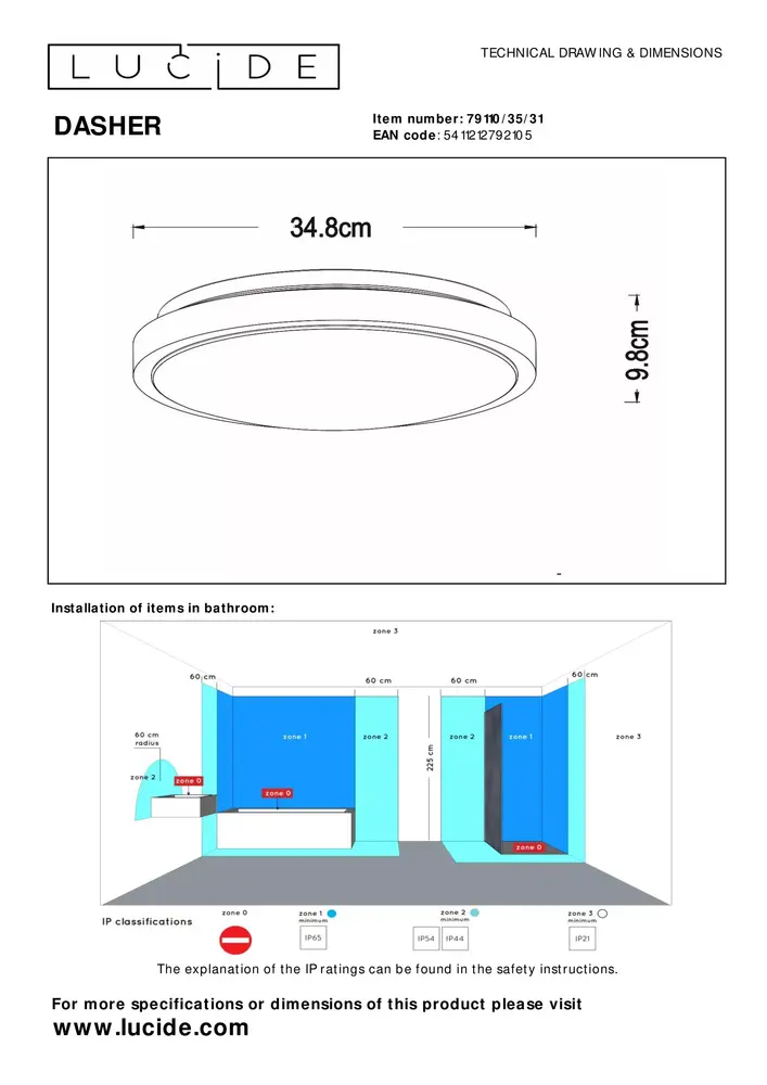 Lucide DASHER - Plafonnière Badkamer - Ø 34,8 cm - LED - 1x18W 2700K - IP44 - Beweging & dag/nacht sensor - Wit